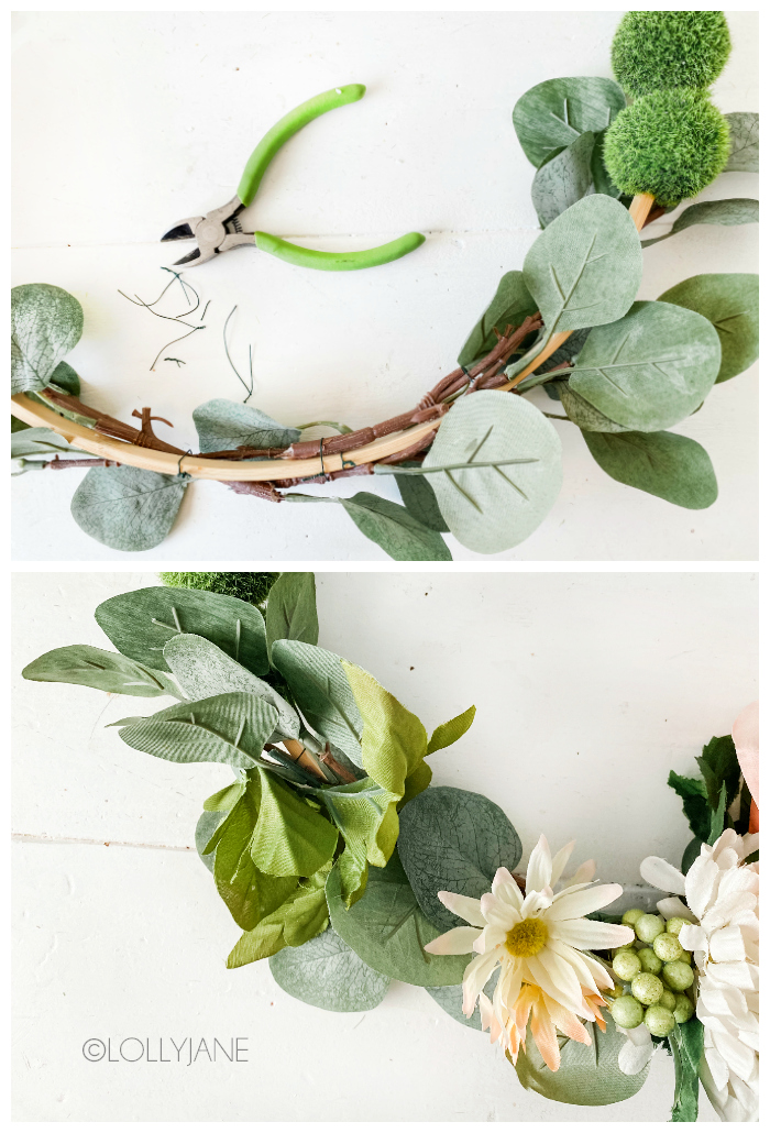 How to floral wire wrap wreath to attach flowers securely. Wrap wire to the backside of the wreath then use snips to tighten by twisting them as close to the hoop as you can get. #diyflowerwreath #diyfloralwreath #floralwreathdiy #diyfloralwreathdirections