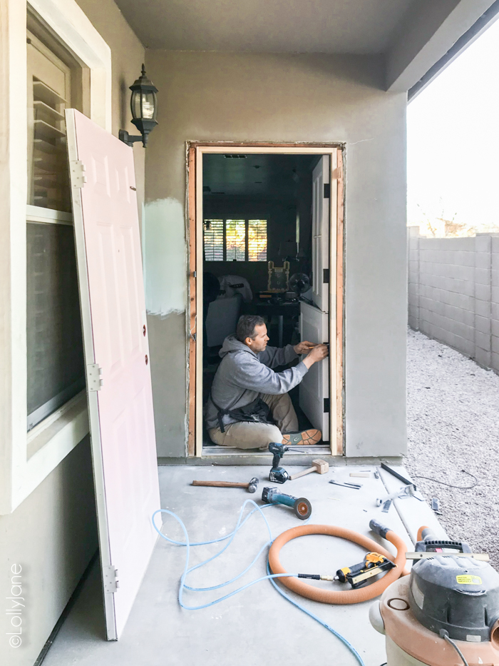 HOLY cow! Go see the amazing AFTER of this newly installed Dutch door and simple porch makeover! #diy #stencil #Dutchdoor #pinkdoor #makeover #porchdecor #porchmakeover
