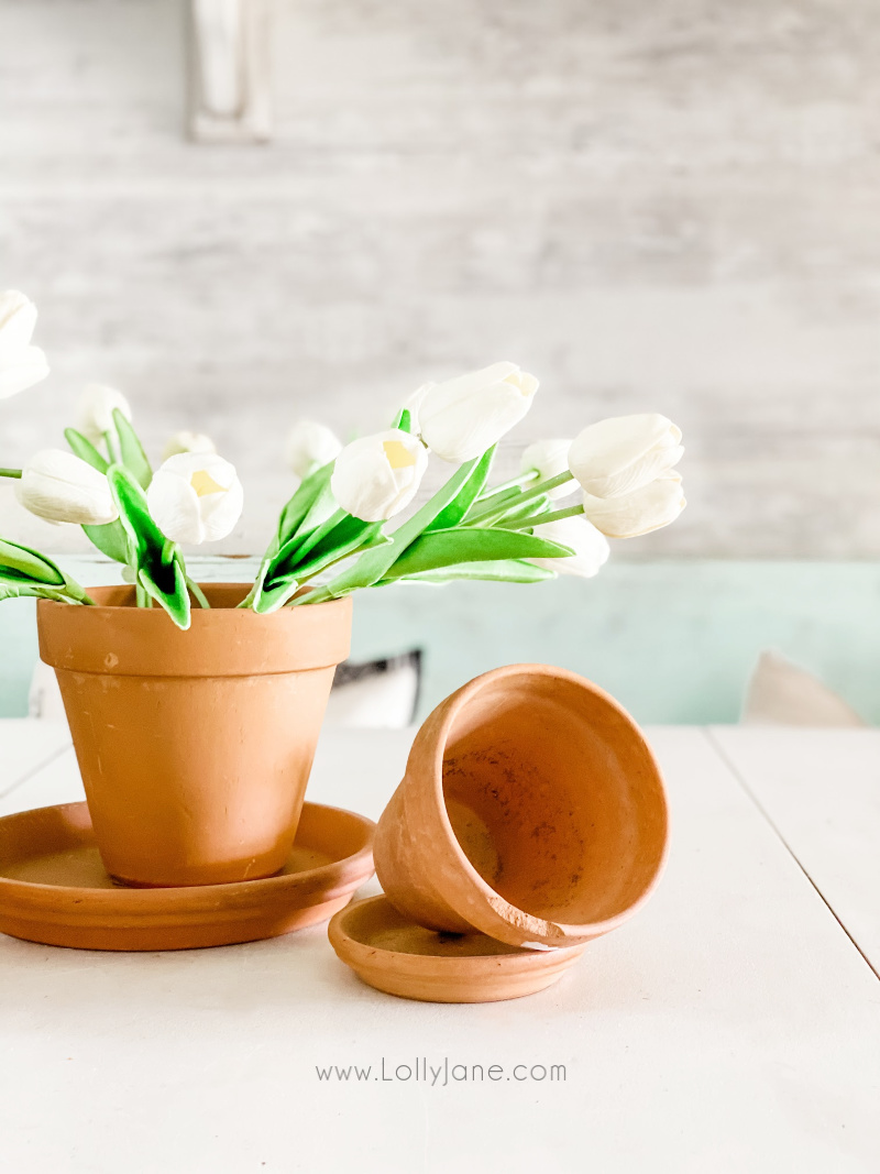 Looking for spring decor ideas on a budget? Grab inexpensive terracotta pots and fill them with flowers for a beautiful and fast spring decor table scape! #springdecorations #springdecorating #tulipstabledecor #affordablespringdecor #budgetfriendlydecor