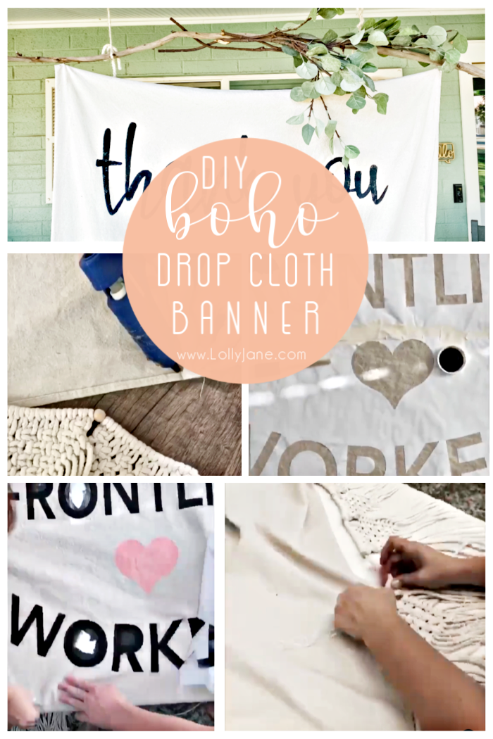 Check out this DIY boho drop cloth banner tutorial to make a big statement with a few supplies you likely have on hand. #bohodecor #dropclothbanner #dropclothtutorial #bohobannerdiy #diydropclothbanner #howtomakeadropclothbanner