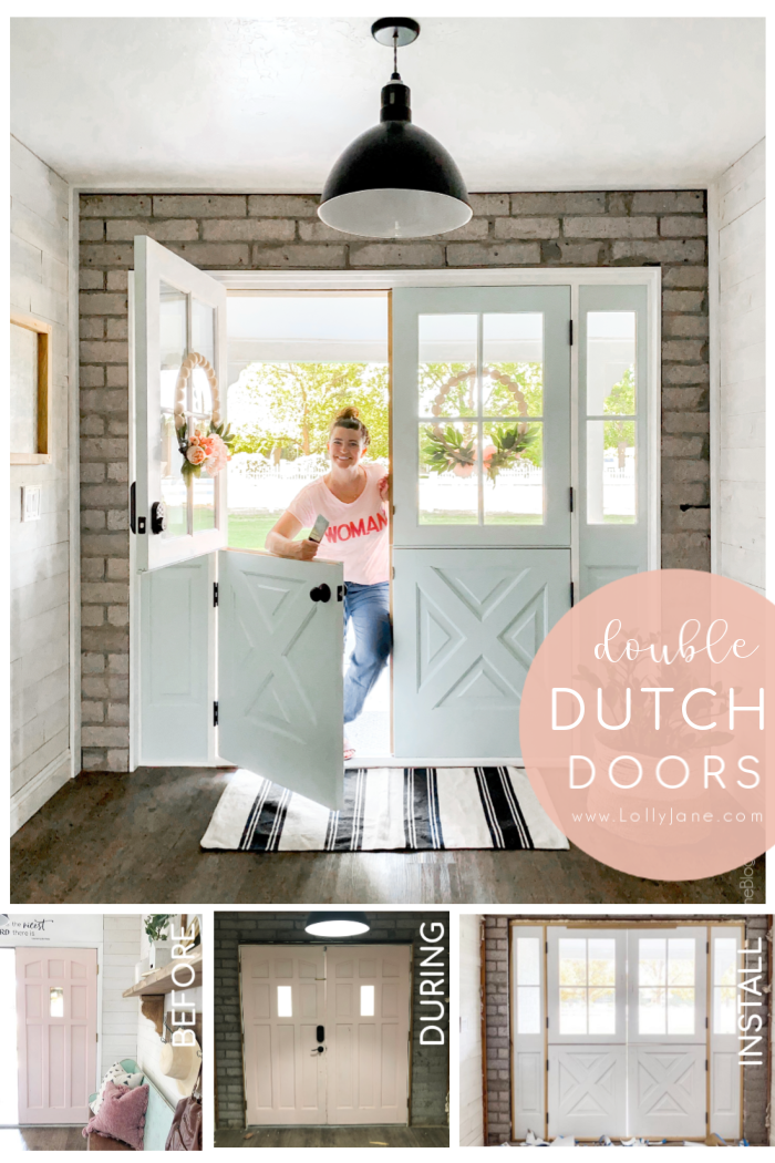 Gorgeous exterior farmhouse double dutch doors, so pretty and allows for natural light. Love the ability to open the top for airflow and adore the farmhouse charm. #doubledoors #doubledutchdoors #exteriordoors #farmhousedoors #farmhousedoubledutchdoors