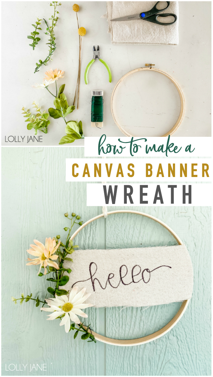 Make this EASY canvas banner hoop wreath in less than 20 minutes! Perfect to display year round or to bring in some spring cheer! #handmadewreath #diywreath  #canvasbanner #diyhomedecor #homedecor #easytomakewreath