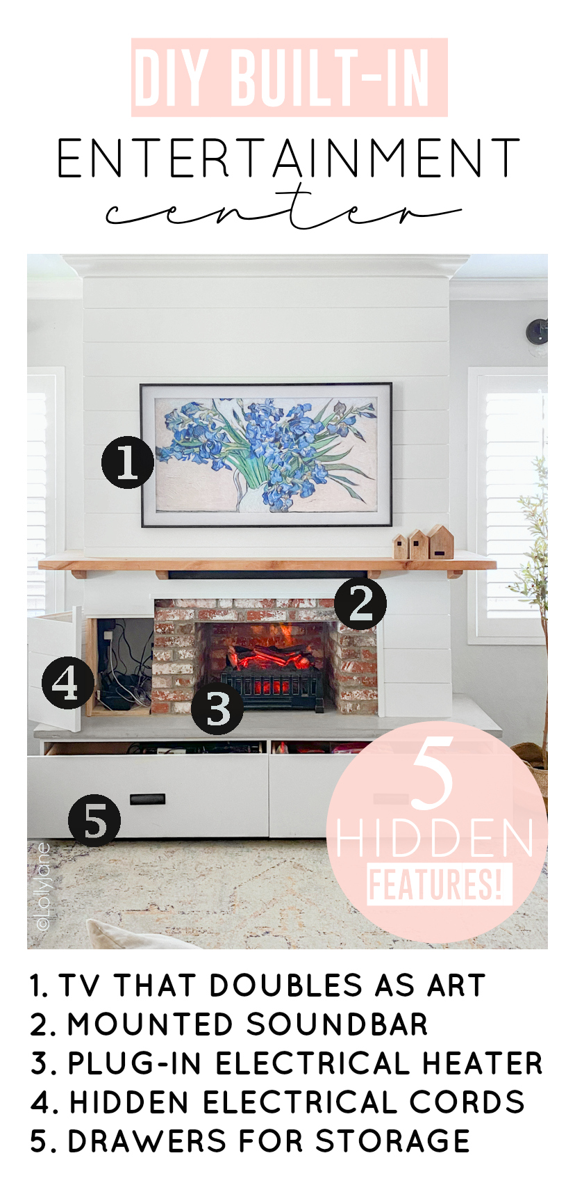 5 secret built-in features to this beautiful Modern Farmhouse Home Entertainment Center built from scratch-- see how it was done! #modernfarmhouse #fauxfireplace #entertainmentsystem #diy #diyhomedecor