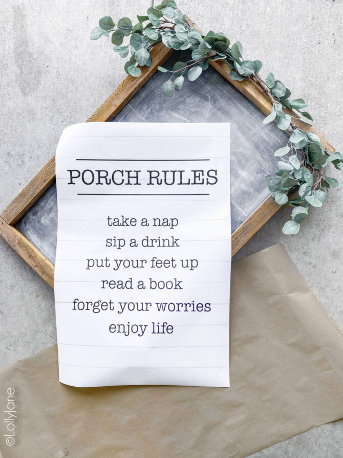 How to easily frame a poster print in 3 steps! So EASY and cute, (plus snag this FREE printable "Porch Rules" art!) #freeprintable #printable #printableart #porchdecor #porchhomedecor #backyardliving