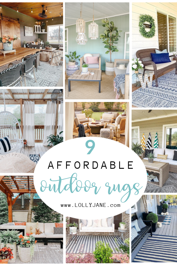 9 affordable outdoor rugs to cozy up any porch! BONUS: 55% off discount code!! #outdoorrugs #affordableoutdoorrug #porchrug #porchrugideas #rugdiscountcode #cheaprug #boutiquerugcode