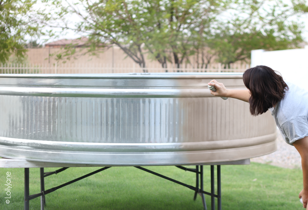 How to Paint a Stock Tank Pool, easier than you think and check out this color: champagne gold! Oooh la la! #stocktank #paintedstocktank #stocktankpool #paintedproject #diy