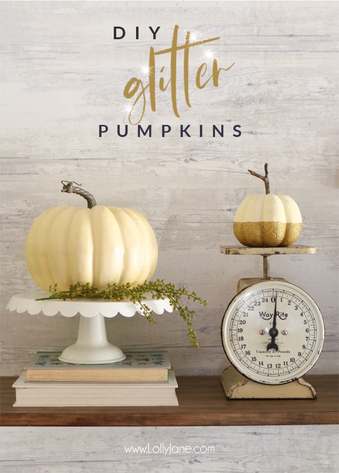 Make ANY pumpkin, real or fake, wood or plastic... shine! EASY to make Glitter Pumpkins. #falldecor #falldecoration #fallcraft #fallcrafts #pumpkincrafts #pumpkincraft #pumpkin