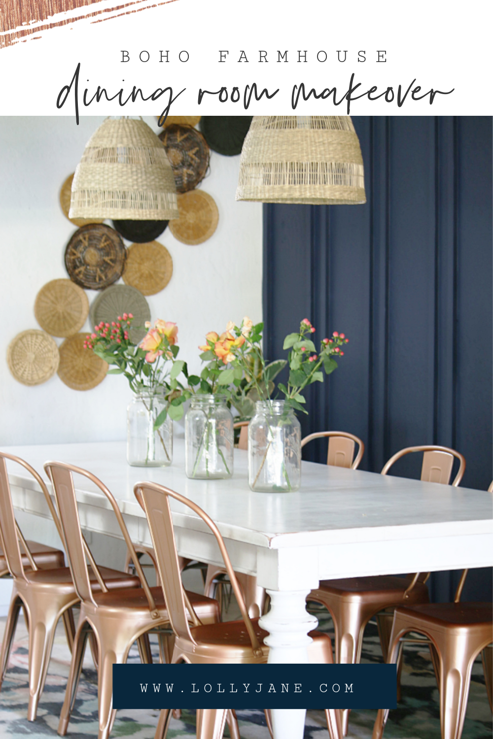 Lots of easy boho dining room decor ideas. We made this whole room over for just over $200!! #bohodecor #bohodiningroom #bohofarmhousedecor #diningroommakeover #basketwall #paintedchairs