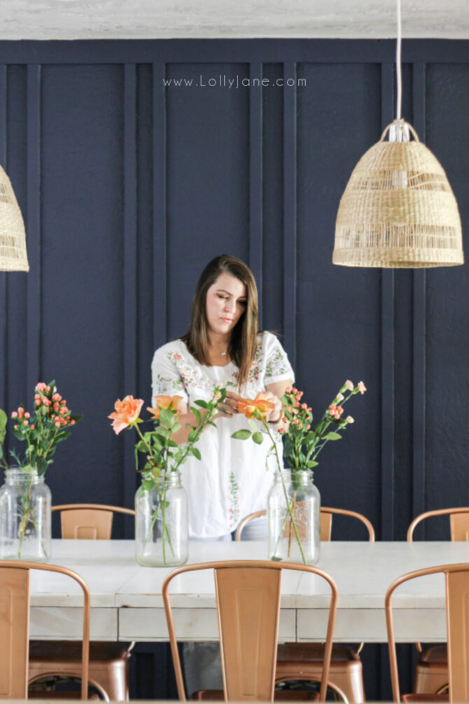 Adore this recent room makeover, changing farmhouse to boho for under $300! Such a fun room renovation on a budget. This boho dining room makeover is my favorite project to date! #bohostyle #bohofarmhouse #cozydiningideas #diningroomideas #diningroomdecor #navydiningroom #doublebattenwall #boardbattenwall #walltreatmentideas