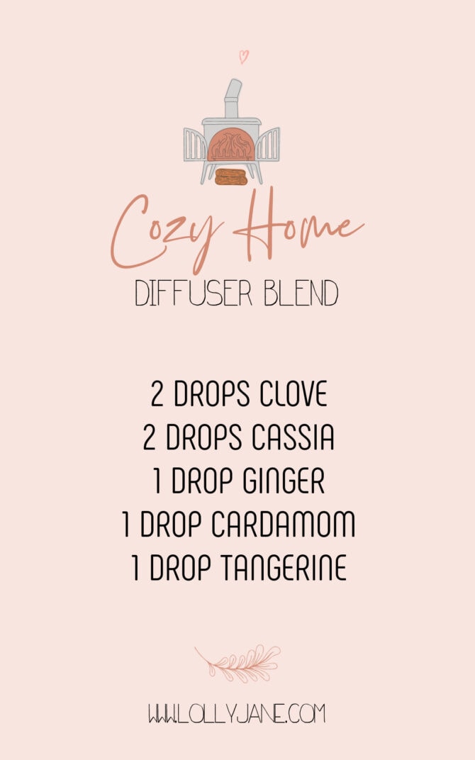 We love this Cozy Home Diffuser Blend, it smells so good! This fall diffuser blend has the perfect amount of spice with a little bit of sweet citrus. Not only will your space smell incredible but the essential oil benefits are good for the whole family, too! #cozyhomediffuserblend #falldiffuserblend #fallblends #fallblendrecipe #doterrafallrecipe #cozyhomeblendrecipe #fallblendusingingcloves #fallblendusingginger