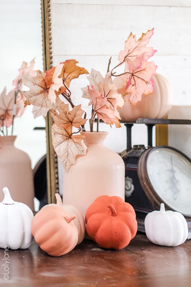 Creamy matte pinks for fall? Yes please! Make over ANY pumpkin with paint + baking powder, read on for the easy DIY! #diypumpkins #paintedpumpkins #bakingpowderpumpkins #falldecor #falldecoration #fallcraft #fallcrafts #pumpkincrafts #pumpkincraft #pumpkin #dollarstorecrafts