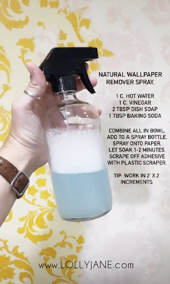 Love this Natural Wallpaper Removal Spray using household ingredients. Soak the wall to remove the wallpaper adhesive with little effort! #naturalwallpaperremover #howtoremovewallpaper #wallpaperremoval #howtoremovewallpaper