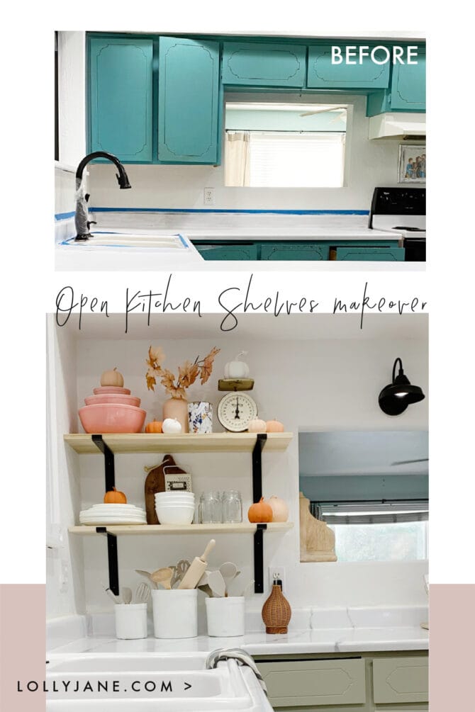 Can you believe this before picture? We transformed a 70's kitchen by painting the counters, removing the upper cabinets and replacing them with these easy to install open kitchen shelves. So clean and fresh, love this minimal decor which allows for quick grab items and pretty decor. #openkitchenshelves #kitchenopenshelves #howtoinstallopenshelves #howtoinstallshelves #blackmodernbracket #modernfarmhousebrackets #metalbrackets #diyshelves #easytoinstallshelves