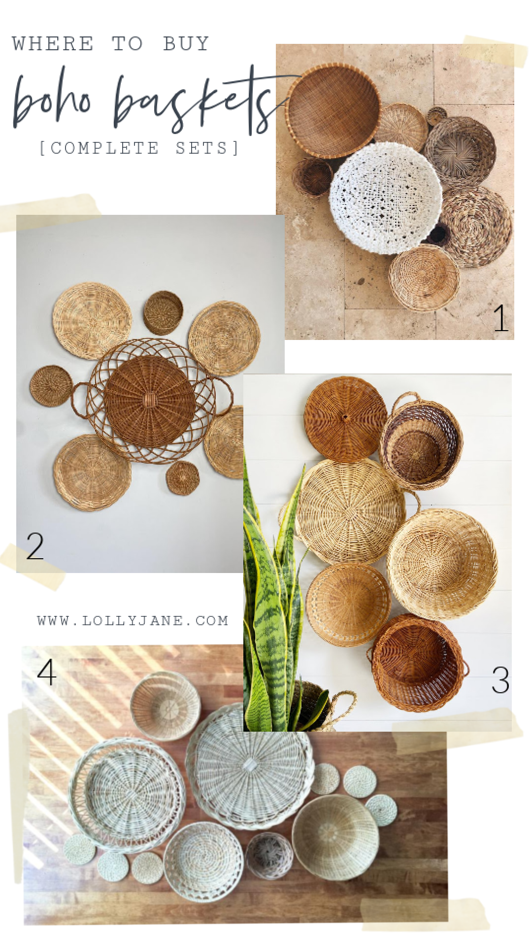 Where to buy boho basket sets for easy wall treatments: Etsy shops! Copy the trendy boho chic wall treatment by adding rattan placemats and wicker plate holders on the wall for pretty basket wall art! #rattanbaskets #bohobaskets #wickerbasketart #wickerwallbaskets #bohodecor #bohobasketcollections #etsyshopfinds