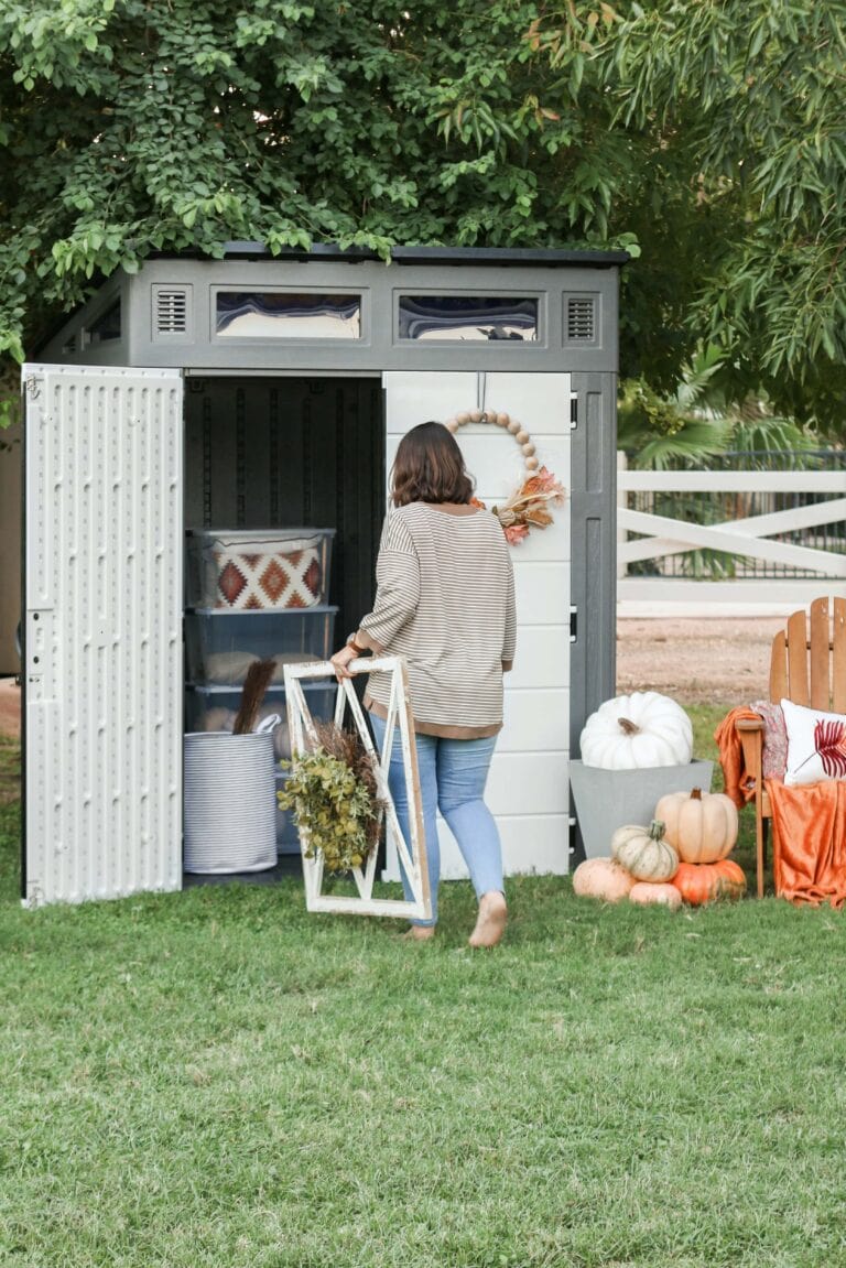 Clearing out indoor storage and moving it outdoors has been a game changer. No more clutter inside AND I get to keep my tool shed, win win! #suncast #storagesolution #shed #sheshed #sheds #shedstorage #outdoorshed #organize #organization #holidaydecorations
