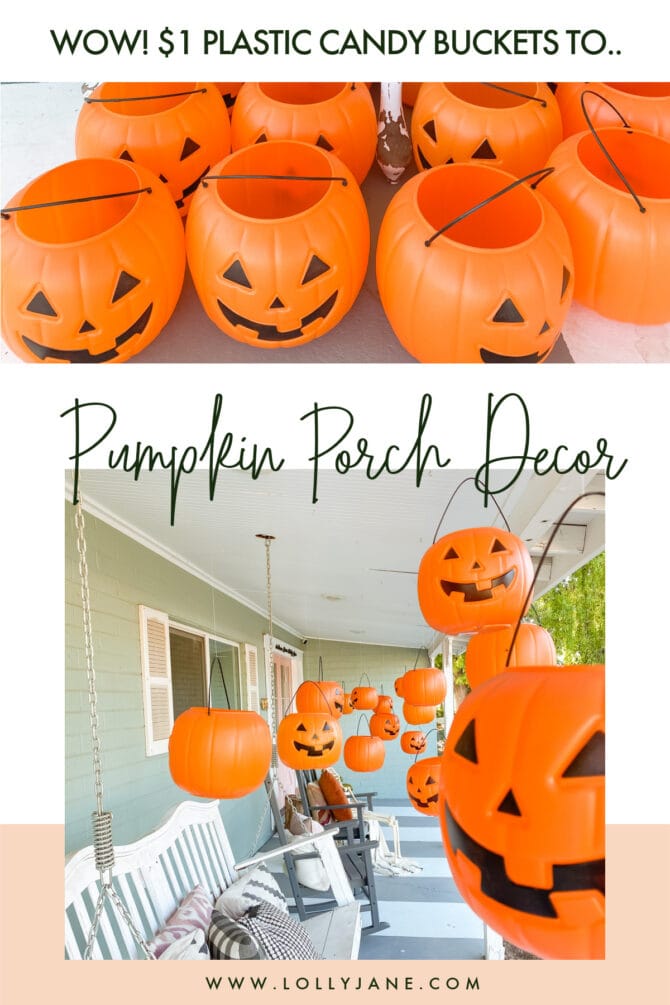 Can you believe how cute these cheap plastic pumpkin candy buckets are as Halloween outdoor decorations? Add remote control tea lights so they glow at night! Such cheap and easy outdoor Halloween decor ideas! #halloweendecor #outdoorhalloweendecor #halloweenporchdecor #outdoorhalloweendecorations #dollarstorepumpkindecor #dollarpumpkincraft #pumpkincandybucketdecor