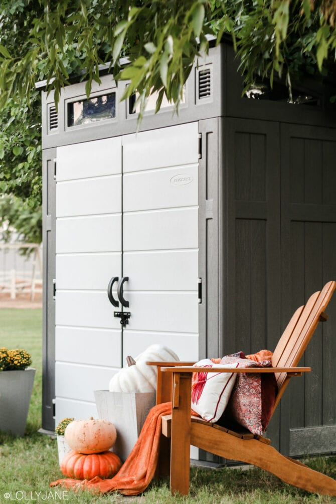 Love this chic outdoor minimalist shed just for my decor, nice to clear up indoor storage! #suncast #storagesolution #shed #sheshed #sheds #shedstorage #outdoorshed #organize #organization #holidaydecorations