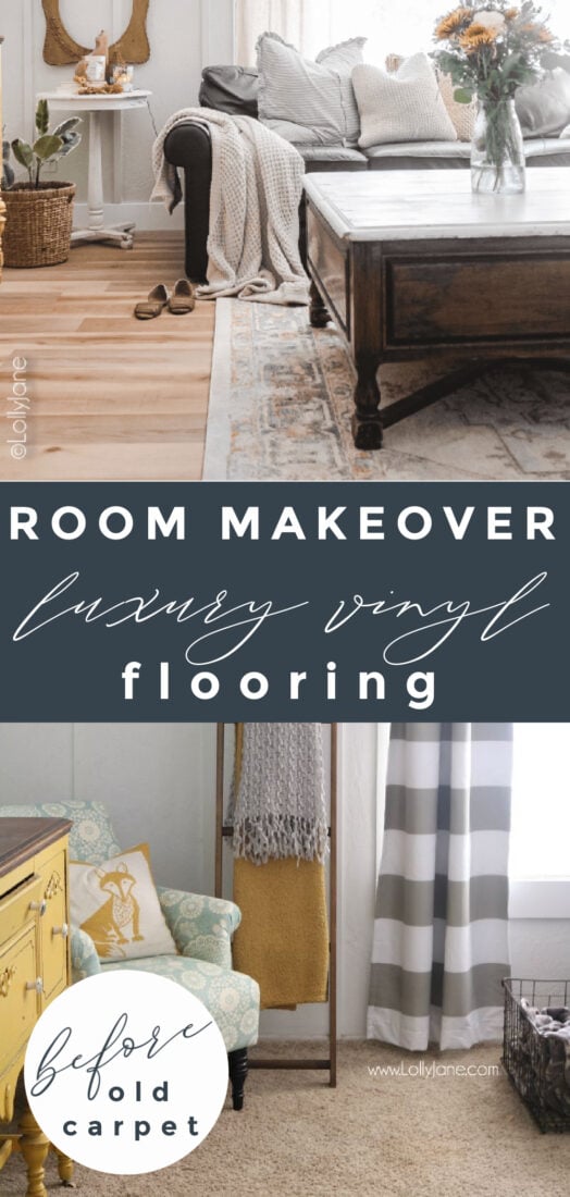 You won't believe how easy it is to lay vinyl flooring with no experience. It's so easy that our kids were helping us with this gorgeous clic luxury vinyl plank flooring. Our family room makeover looks like a million bucks for less than a thousand! #familyroomdecor #familyroomdecorations #familyroommakeover #modernfarmhouse #modernfarmhousefamilyroom #vinylfloors #vinylplankfloors #oakfloors #vinylfloorsfromlowes #procoreplusflooring