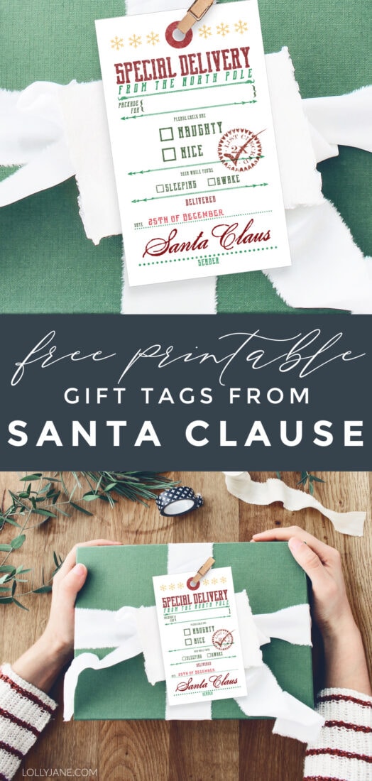 FREE Printable Gift Tags... FROM SANTA! ;) Simply print then write in the name then tie onto a gift! So cute and your child will LOVE the special touch! #freeprintable #christmaspresent #christmasgifttag #christmasgifttags #printablegifttags #freeprintable #christmastags