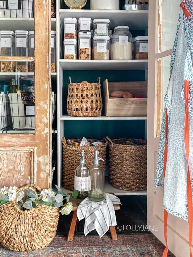 SO easy to get this look and even easier to maintain! Give your pantry a makeover with some a splash of color on the wall + coordinating containers! #pantry #pantrymakeover #pantryrefresh #pantryorganization #organization #homeorganization