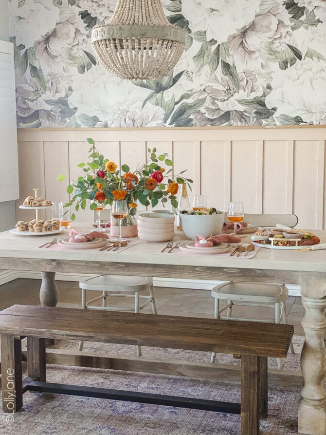 Pretty in pink! Love this simple Easter table scape, easy to copy look to make your own Easter brunch pop! #easter #easterdecor #easterdecorations #eastertablecape #springtablescape #tablescape #tabledecor #eastertabledecor