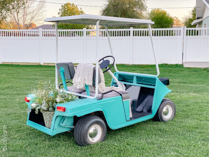 WOW! Such a drastic before and after... this spray paint is almost magic! Click through for the full tutorial! #golfcart #golfcartmakeover #paint #paintingtips #painttips #spraypaint #spraypainting #spraypainttips 