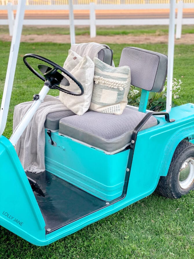 Amazing how a few cans of Colorshot spray paint from Home Depot can transform this from blah to ta-da! Full DIY is linked! #golfcart #golfcartmakeover #paint #paintingtips #painttips #spraypaint #spraypainting #spraypainttips