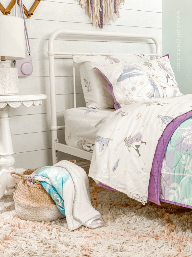 What do little girls love? Seeing their favorite princesses as much as possible. This Frozen 2 room decor will have your little one excited to climb into bed. The cutest Frozen 2 themed bedroom, lots of easy to implement budget friendly ideas!