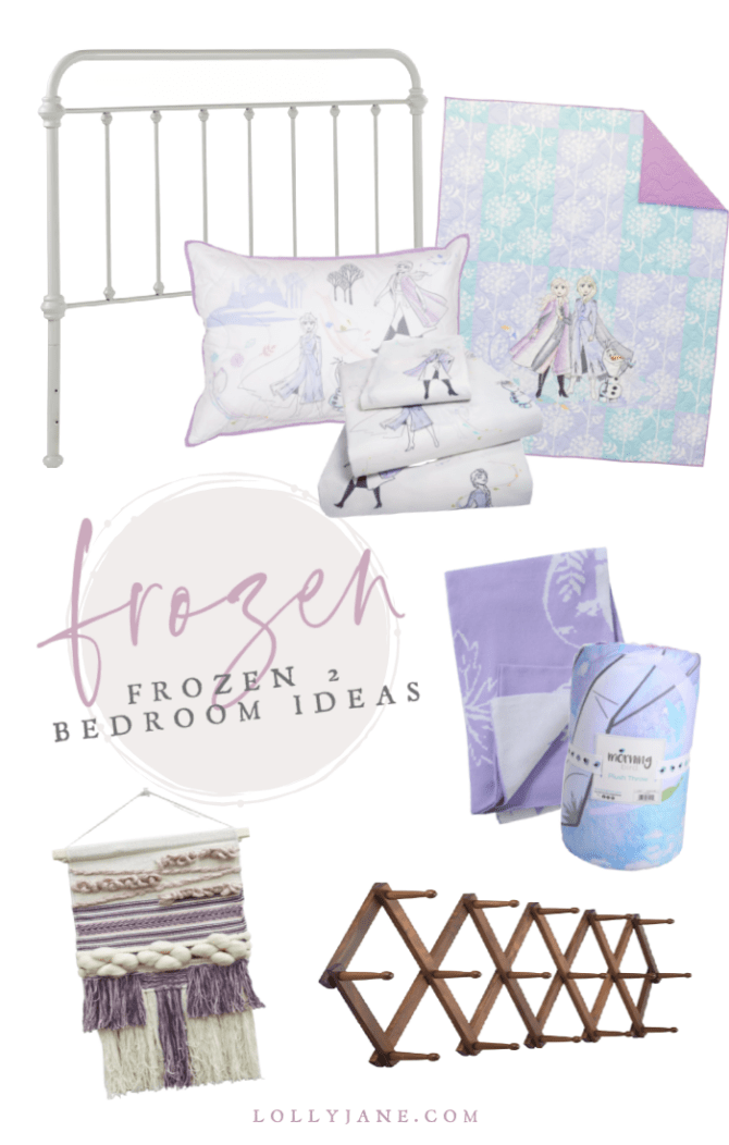 Looking for a Frozen 2 themed bedding ideas? This Frozen bedroom inspiration board will help you decorate your little girls room with neutral walls, fun boho wall decor accents and exclusive Frozen 2 bedding that will have them excited to go to bed at night!