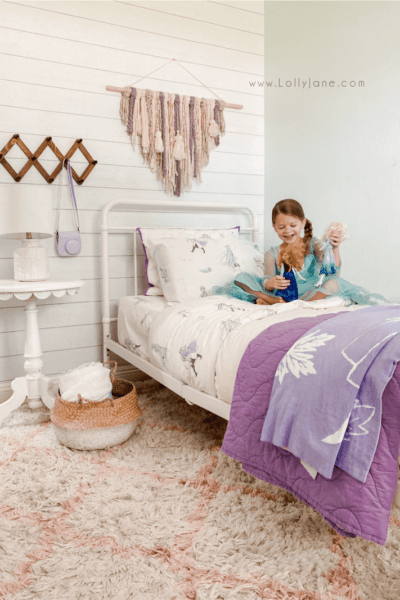 Check out these DIY Bedroom Ideas for Frozen 2 Fans! Your little princes will adore this mature Frozen 2 bedding, complete with cozy shams and soft sheets. Love this Frozen 2 themed bedroom!