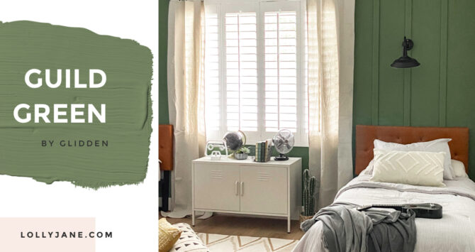 Love this perfect shade of green in a chic modern farmhouse style bedroom! Guild Green by Glidden at Walmart for the win!