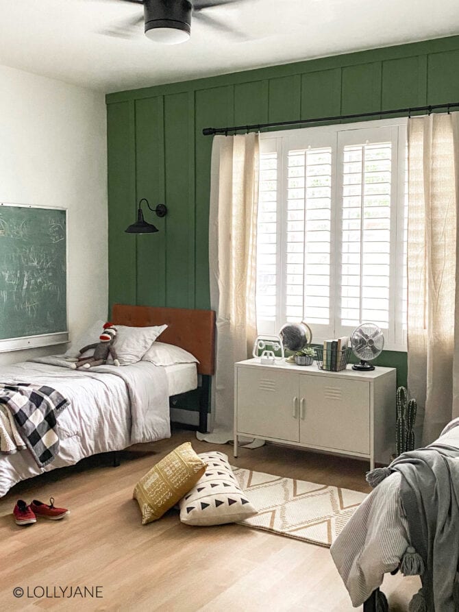 Simple shared modern farmhouse boys room, love all of the goods from Walmart! Easy to style AND affordable!