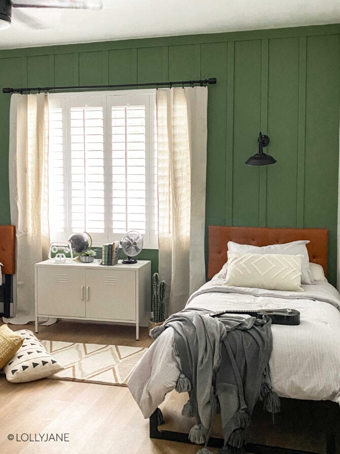 Love this wall treatment and color! Cute ideas for a shared modern farmhouse bedroom!