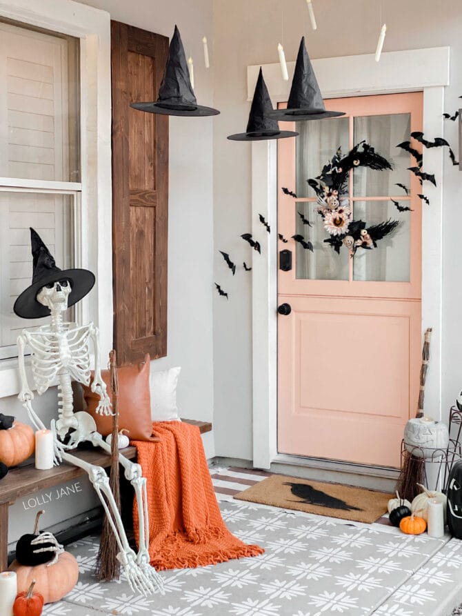 Spruce up your porch with bats, candles and witch hats (oh my!) Top it off with the easiest ever DIY Crescent Moon Wreath!