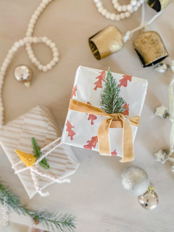 No festive gift wrap on hand? No problem! Turn any gift wrap around (or use kraft paper) and turn it into instant-Christmas wrap using a handmade potato stamp! TA-DA!