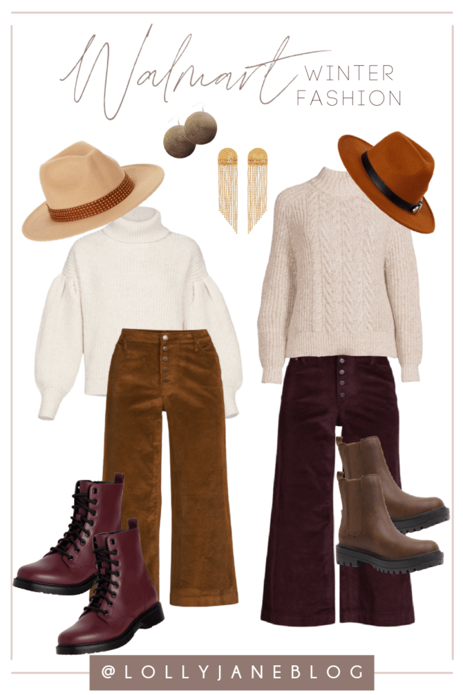  Walmart fashion is both affordable and on-trend. Bring on the cold with cute threads to keep you warm! Pair wide leg corduroy pants with a knit sweater and lug boots to be the cool mom all winter long! 