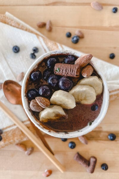 Chocolate + blueberry smoothie. Perfect for on-the-go mornings!