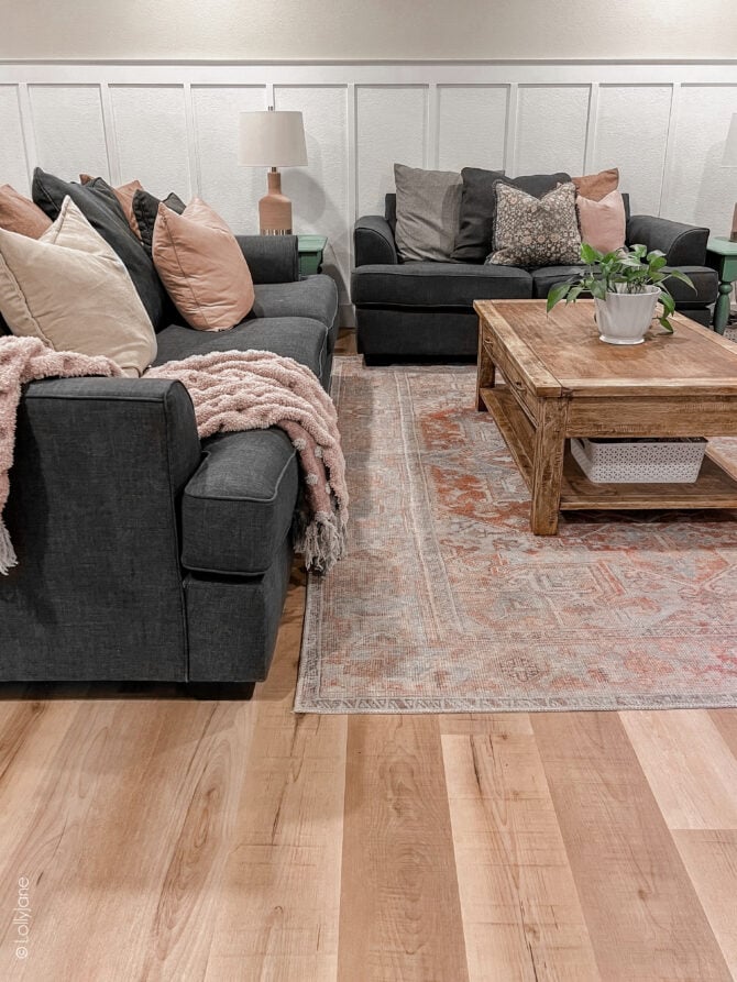 Thinking about wood floors in your basement? THIS IS YOUR SIGN! LVP (luxury vinyl floors) are a dream in a basement as they're waterproof and durable, able to stand up against the messiest pets or kids! Plus, they're gorgeous!