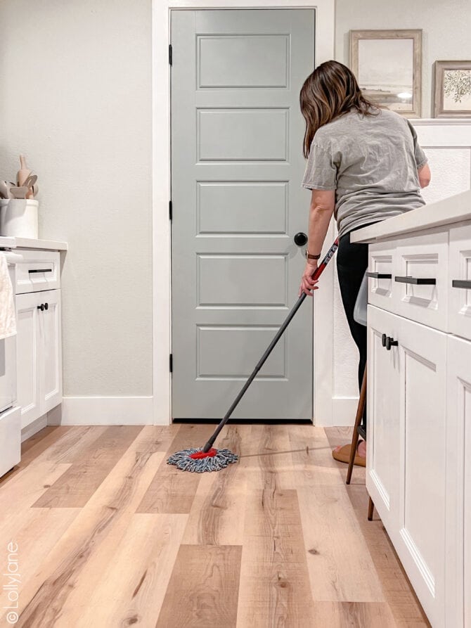 Cleaning LVP (luxury vinyl floors) in a basement is easy peasy! Plus, they're kid + pet friendly!