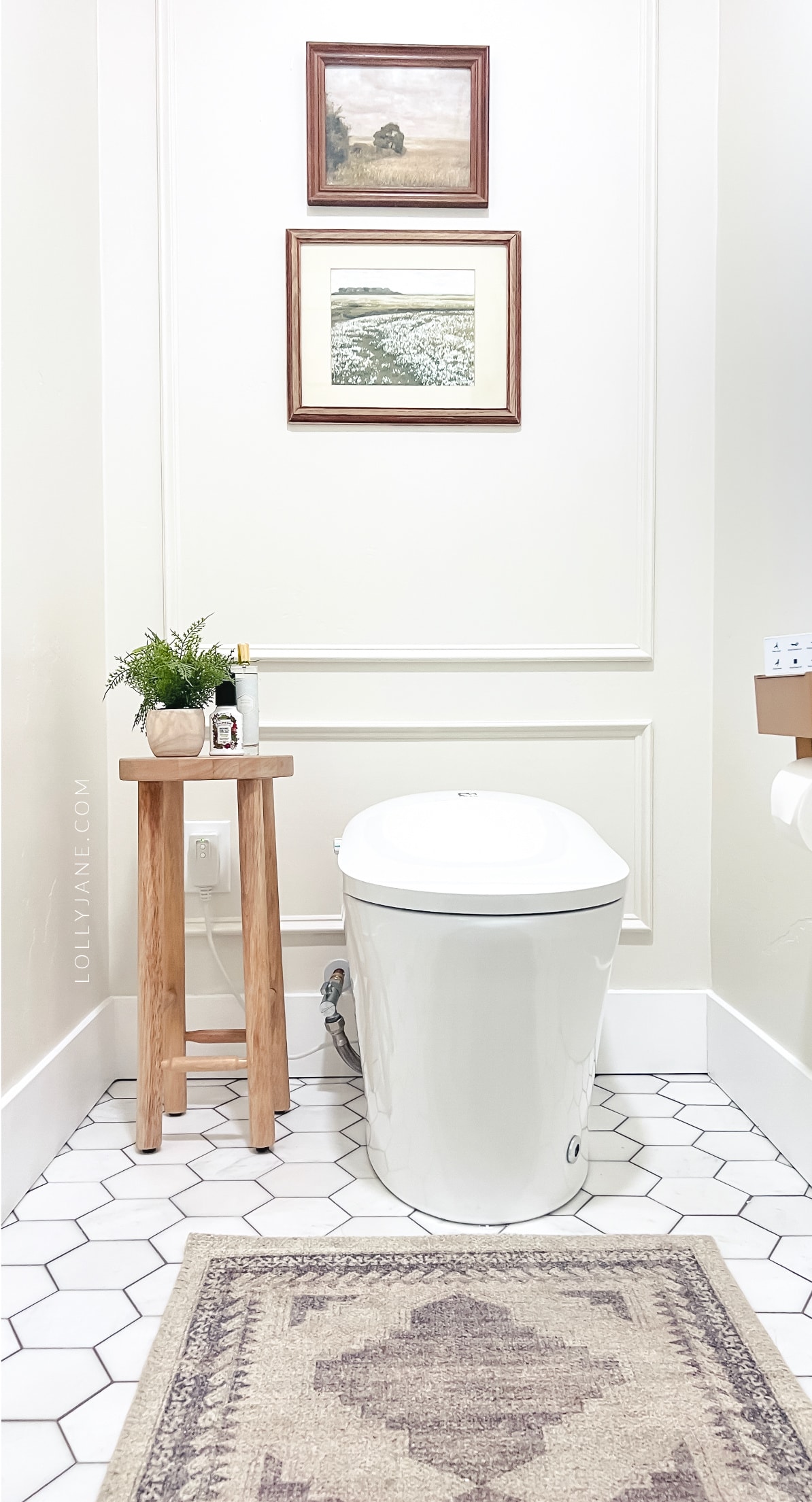 How to transform a dark toilet room into a bright and airy, elevated water closet using natural artwork, wood frames and an easy wainscot wall treatment.