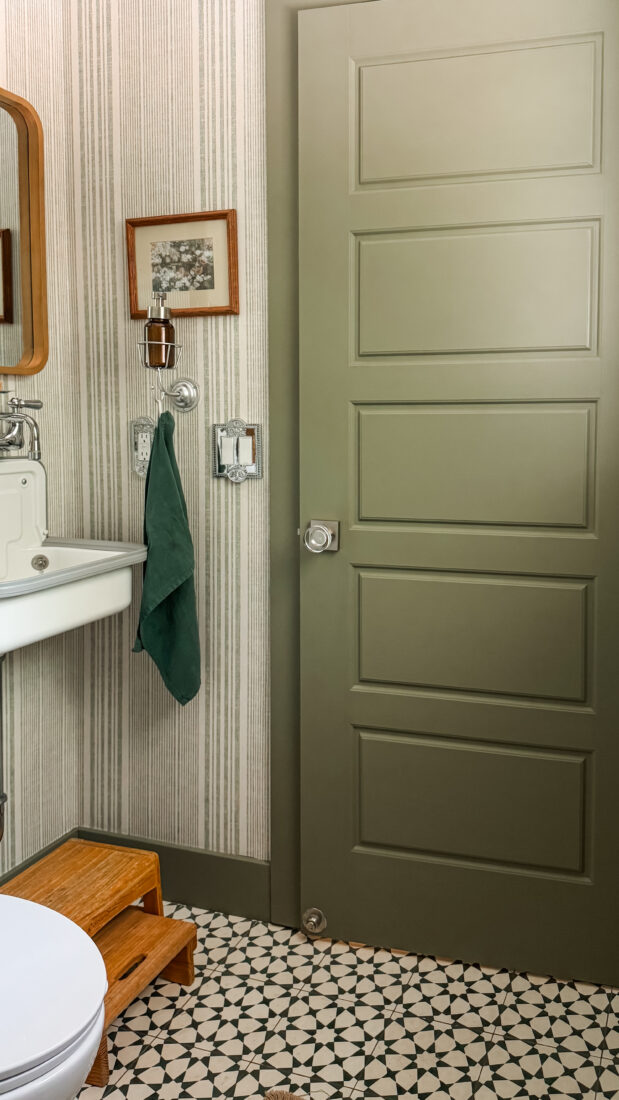 Small bathroom upgrade with waffle bath mat and greenery.